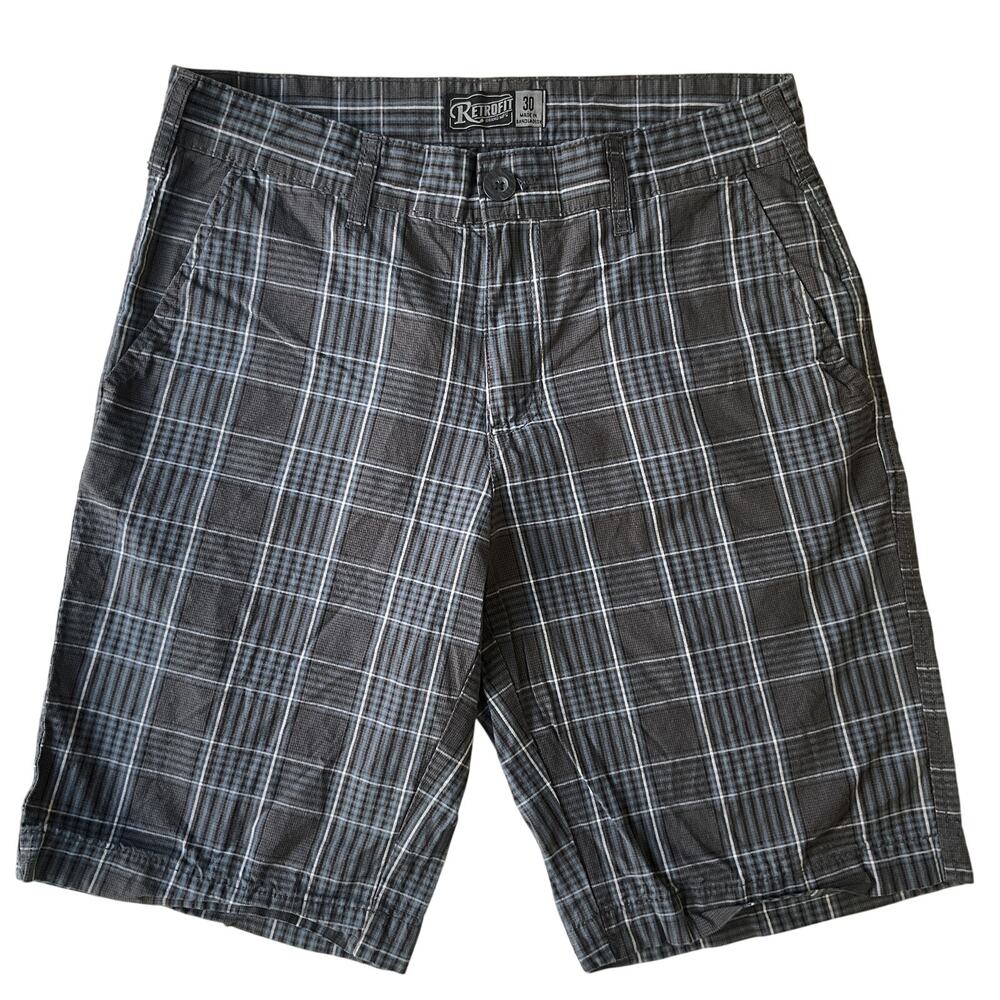 Retrofit Men Shorts 30 Gray Plaid Bermuda Button 11" Inseam Cotton 32” Waist